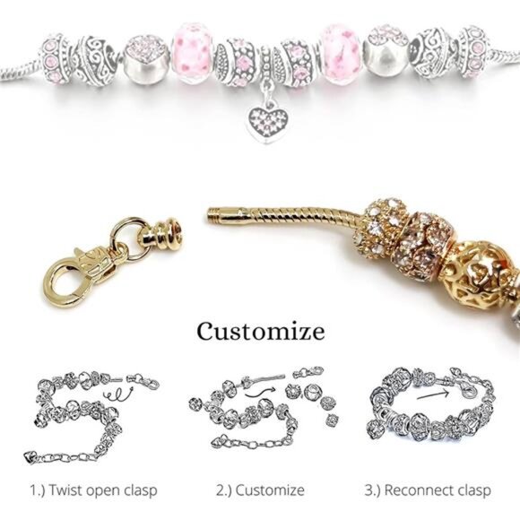 2 Pack Charm Bracelets Pink and Gold Heart Silver Plated Charm Bracelet, - Picture 4 of 7